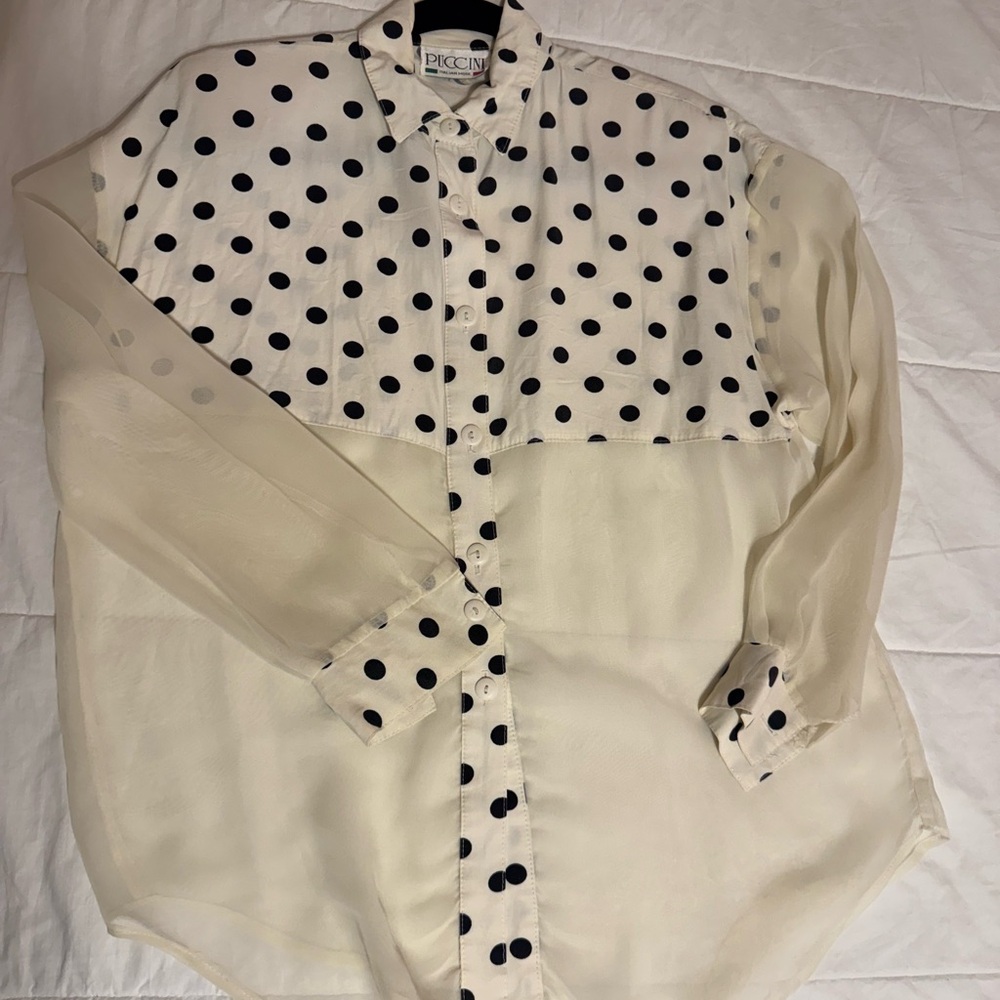 Last Chance Classic Cream & Black Polka Dot Button blouse with Sheer Sleeves